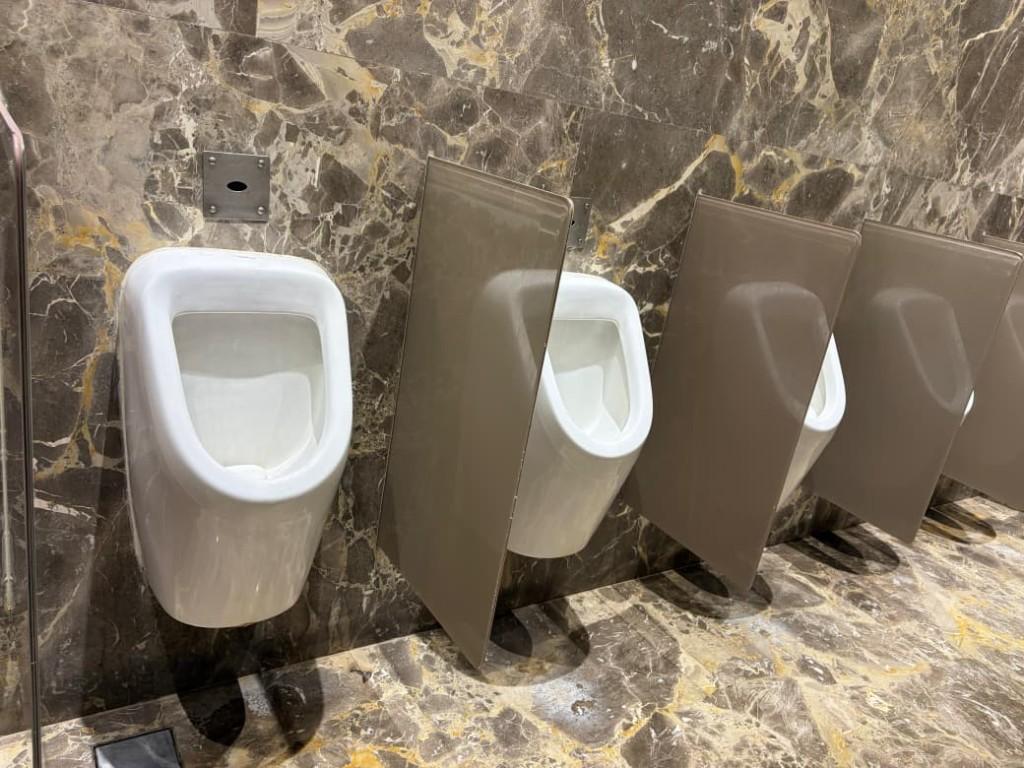 Wall-mounted sanitary urinal fixtures installed in restroom